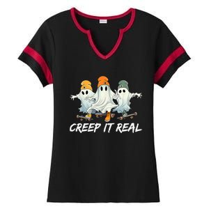 Creep It Real Funny Skateboard Ghost Retro Halloween Gift Ladies Halftime Notch Neck Tee