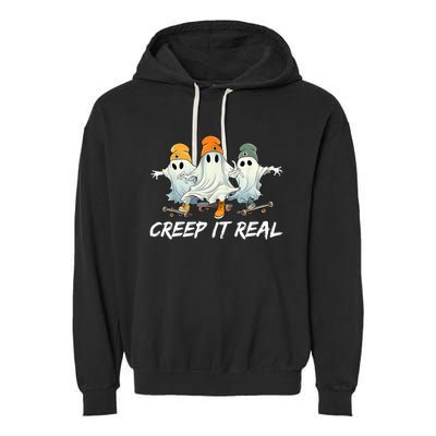 Creep It Real Funny Skateboard Ghost Retro Halloween Gift Garment-Dyed Fleece Hoodie