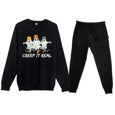 Creep It Real Funny Skateboard Ghost Retro Halloween Gift Premium Crewneck Sweatsuit Set