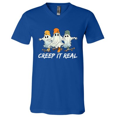 Creep It Real Funny Skateboard Ghost Retro Halloween Gift V-Neck T-Shirt