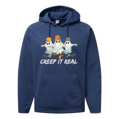 Creep It Real Funny Skateboard Ghost Retro Halloween Gift Performance Fleece Hoodie