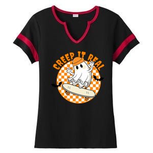 Creep It Real Skater Ghost Halloween Retro Ladies Halftime Notch Neck Tee