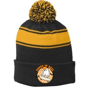 Creep It Real Skater Ghost Halloween Retro Stripe Pom Pom Beanie