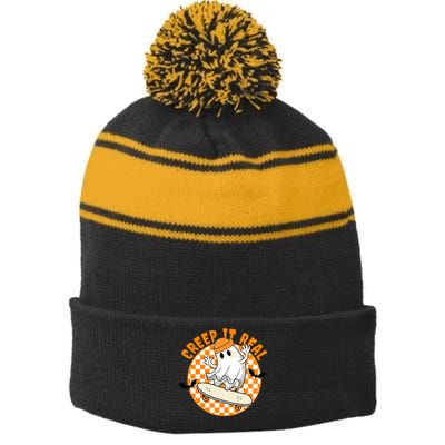 Creep It Real Skater Ghost Halloween Retro Stripe Pom Pom Beanie