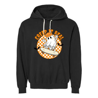 Creep It Real Skater Ghost Halloween Retro Garment-Dyed Fleece Hoodie