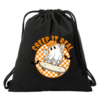 Creep It Real Skater Ghost Halloween Retro Drawstring Bag