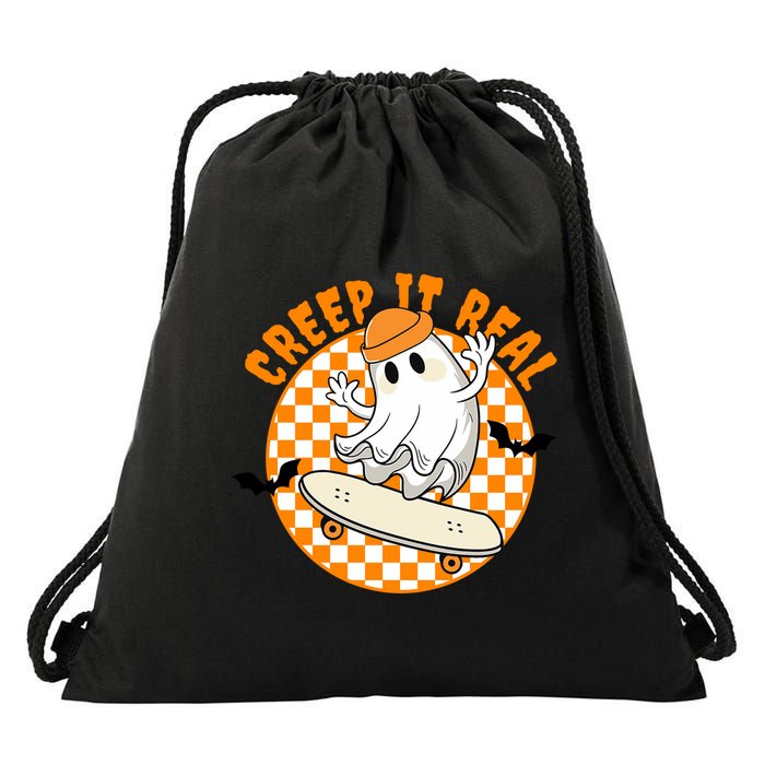 Creep It Real Skater Ghost Halloween Retro Drawstring Bag