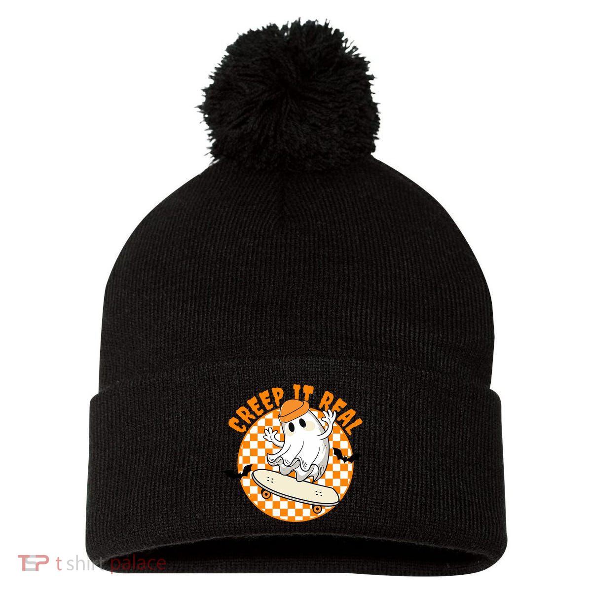 Creep It Real Skater Ghost Halloween Retro Pom Pom 12in Knit Beanie