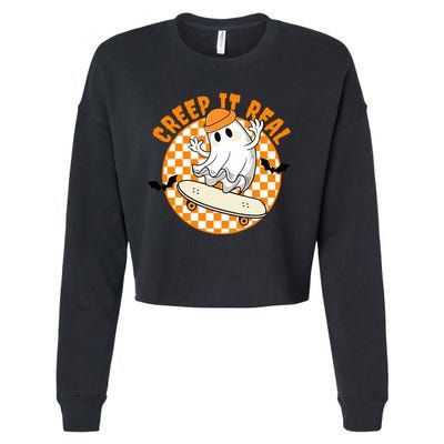 Creep It Real Skater Ghost Halloween Retro Cropped Pullover Crew