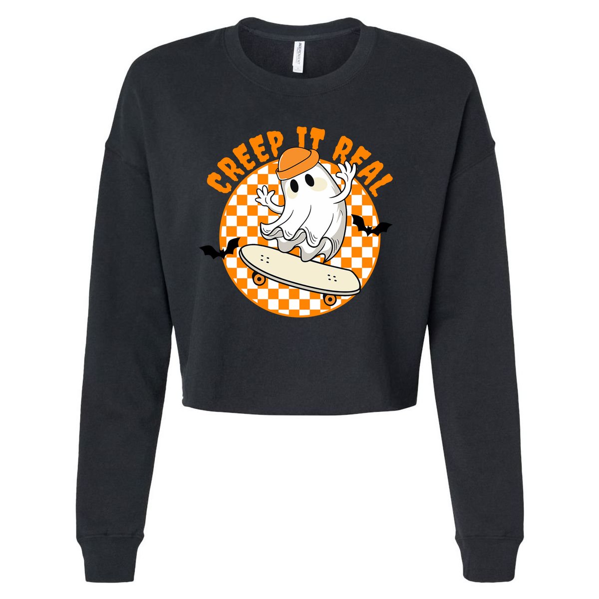 Creep It Real Skater Ghost Halloween Retro Cropped Pullover Crew