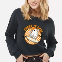 Creep It Real Skater Ghost Halloween Retro Cropped Pullover Crew