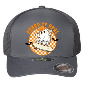 Creep It Real Skater Ghost Halloween Retro Flexfit Unipanel Trucker Cap