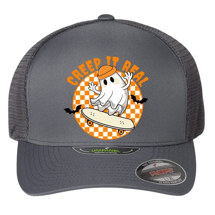 Creep It Real Skater Ghost Halloween Retro Flexfit Unipanel Trucker Cap