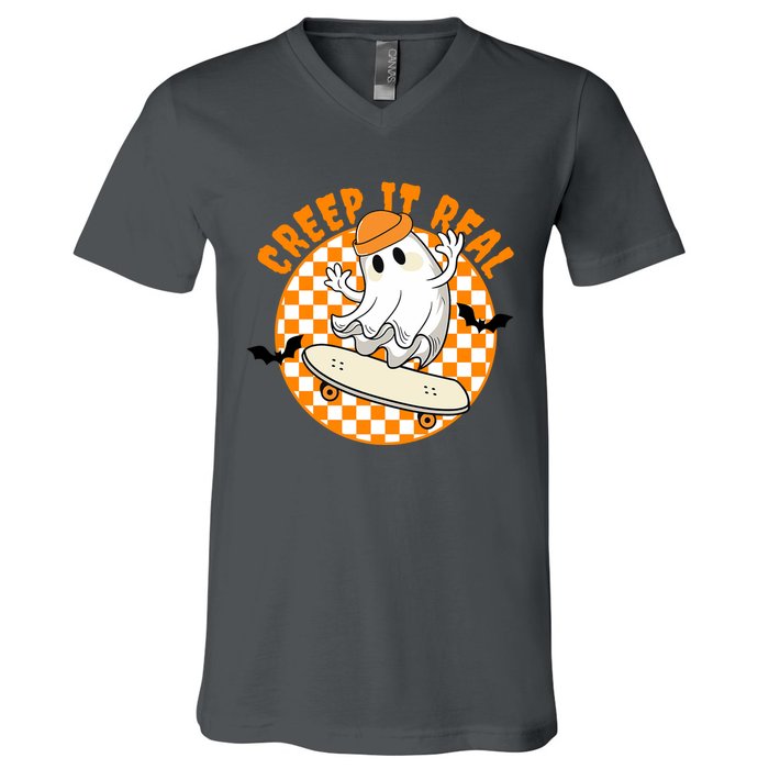Creep It Real Skater Ghost Halloween Retro V-Neck T-Shirt