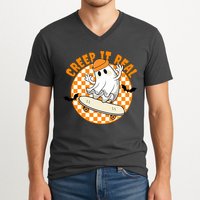 Creep It Real Skater Ghost Halloween Retro V-Neck T-Shirt