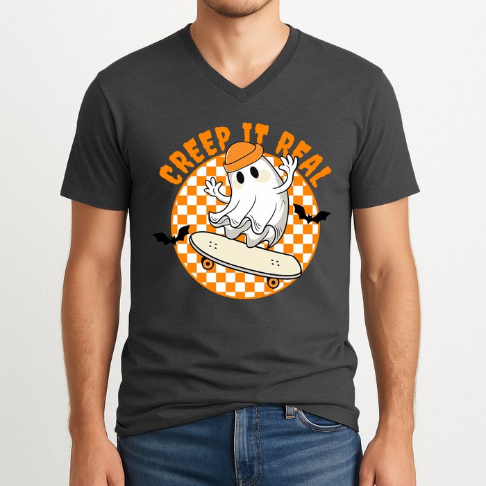 Creep It Real Skater Ghost Halloween Retro V-Neck T-Shirt