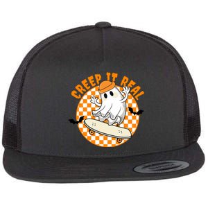 Creep It Real Skater Ghost Halloween Retro Flat Bill Trucker Hat