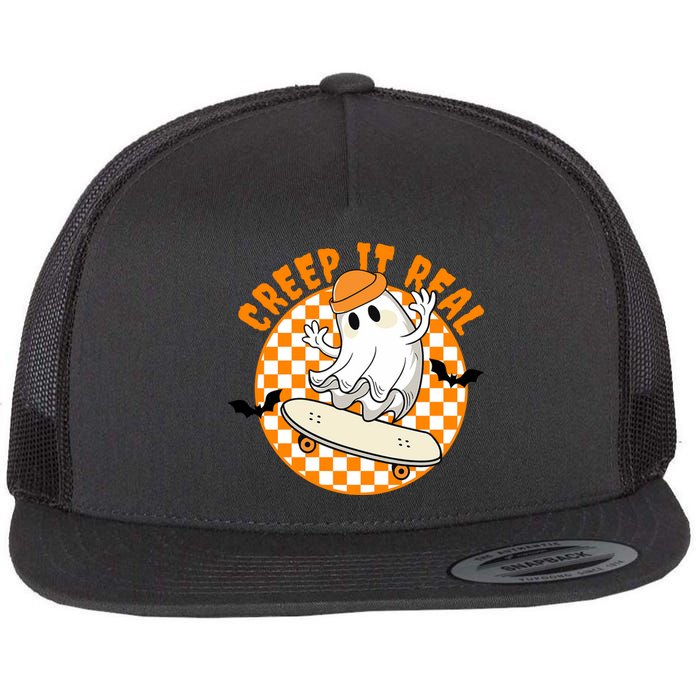 Creep It Real Skater Ghost Halloween Retro Flat Bill Trucker Hat