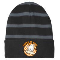 Creep It Real Skater Ghost Halloween Retro Striped Beanie with Solid Band