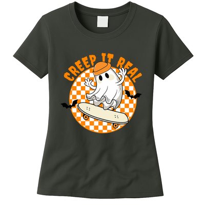 Creep It Real Skater Ghost Halloween Retro Womens T-Shirt