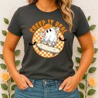 Creep It Real Skater Ghost Halloween Retro Womens T-Shirt