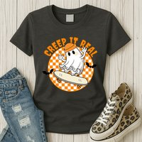 Creep It Real Skater Ghost Halloween Retro Womens T-Shirt