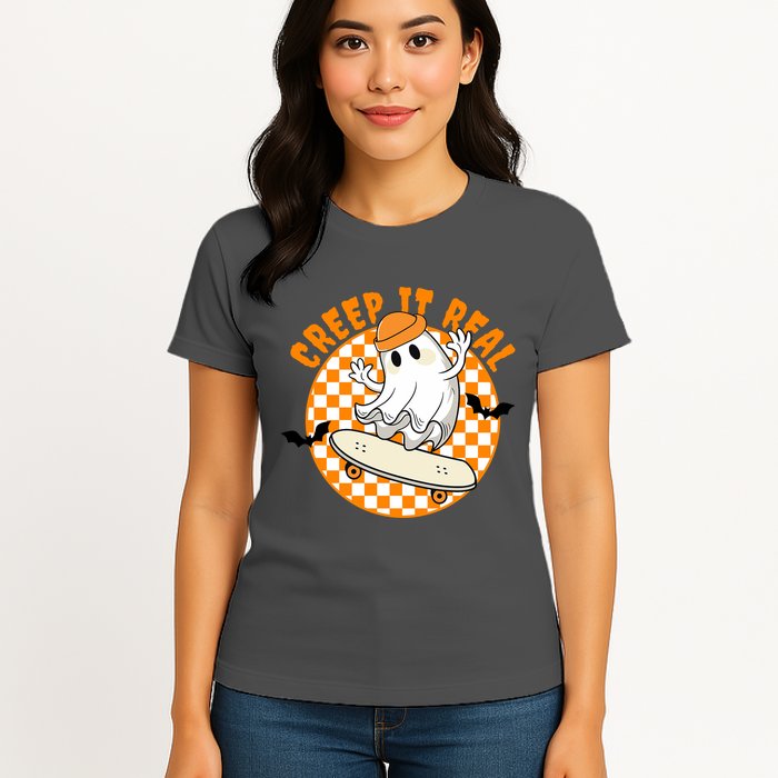 Creep It Real Skater Ghost Halloween Retro Womens T-Shirt