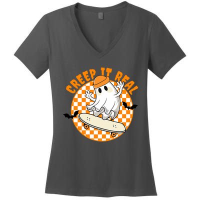 Creep It Real Skater Ghost Halloween Retro Women's V-Neck T-Shirt