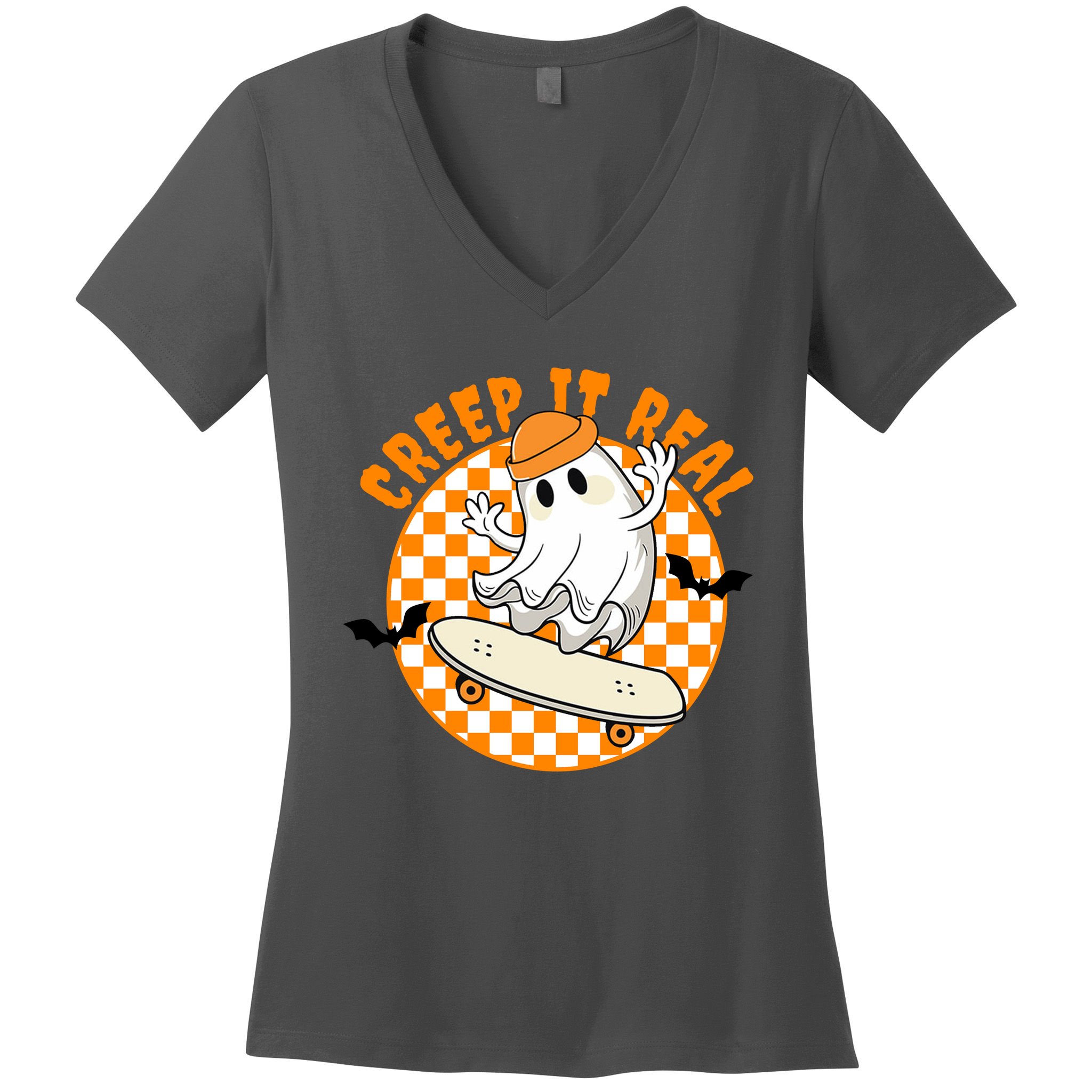 Creep It Real Skater Ghost Halloween Retro Women's V-Neck T-Shirt