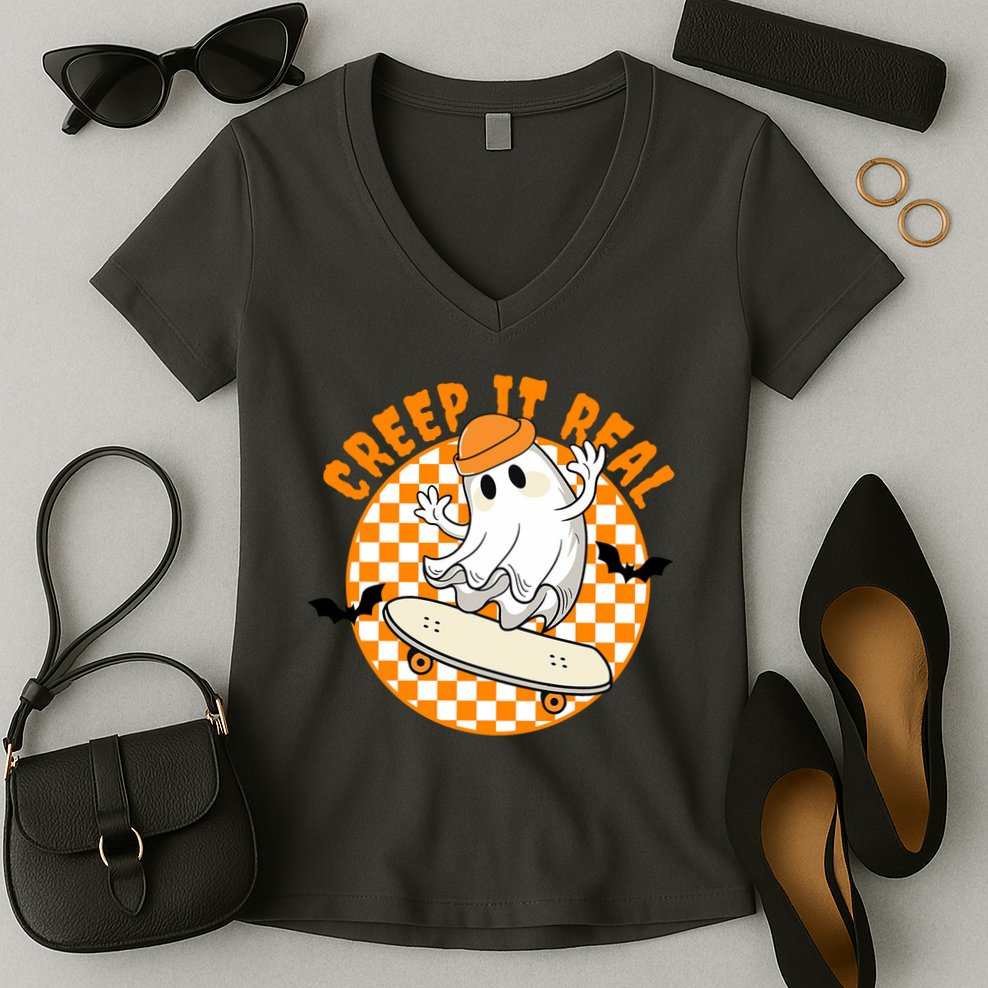 Creep It Real Skater Ghost Halloween Retro Women's V-Neck T-Shirt