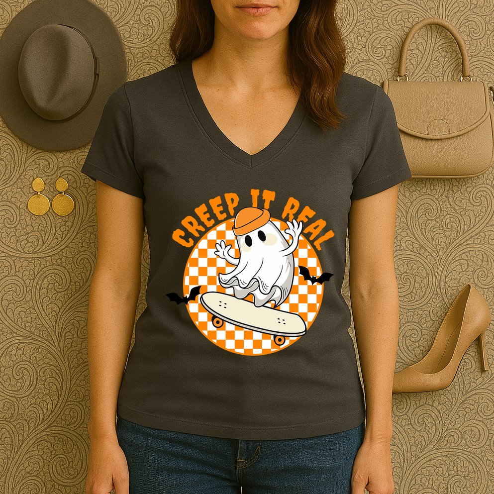 Creep It Real Skater Ghost Halloween Retro Women's V-Neck T-Shirt