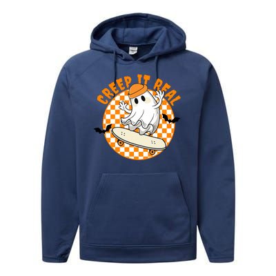 Creep It Real Skater Ghost Halloween Retro Performance Fleece Hoodie