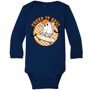 Creep It Real Skater Ghost Halloween Retro Baby Long Sleeve Bodysuit