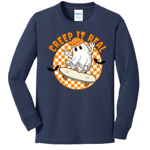 Creep It Real Skater Ghost Halloween Retro Kids Long Sleeve Shirt