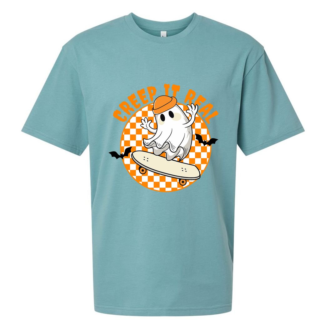 Creep It Real Skater Ghost Halloween Retro Sueded Cloud Jersey T-Shirt