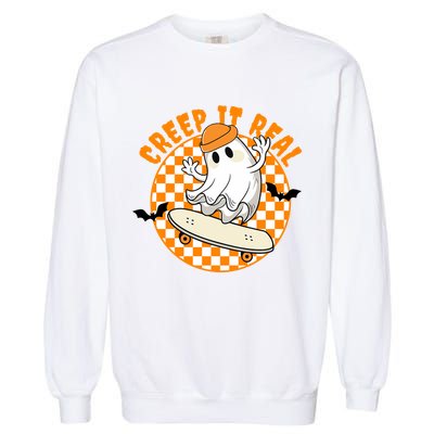Creep It Real Skater Ghost Halloween Retro Garment-Dyed Sweatshirt