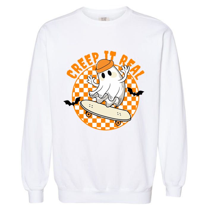 Creep It Real Skater Ghost Halloween Retro Garment-Dyed Sweatshirt