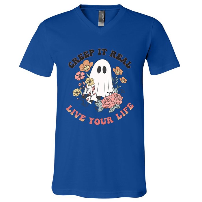 Creep It Real Live Your Life Cute Ghost Peace Love Halloween Gift V-Neck T-Shirt