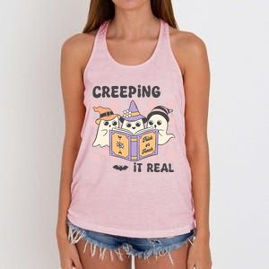 Creeping It Real Trick Or Teach Read More Books Halloween Great Gift Women's Knotted Racerback Tank