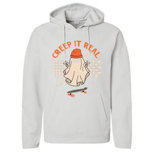 Creep It Real Skateboarding Ghost Retro Halloween Costume Performance Fleece Hoodie