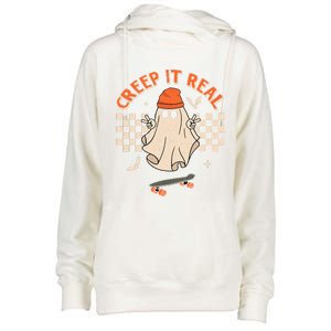 Creep It Real Skateboarding Ghost Retro Halloween Costume Womens Funnel Neck Pullover Hood