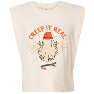 Creep It Real Skateboarding Ghost Retro Halloween Costume Garment-Dyed Women's Muscle Tee