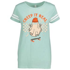 Creep It Real Skateboarding Ghost Retro Halloween Costume Enza Ladies Jersey Football T-Shirt