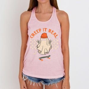 Creep It Real Skateboarding Ghost Retro Halloween Costume Women's Knotted Racerback Tank