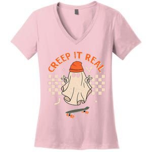 Creep It Real Skateboarding Ghost Retro Halloween Costume Women's V-Neck T-Shirt