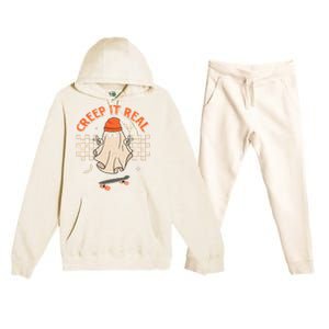 Creep It Real Skateboarding Ghost Retro Halloween Costume Premium Hooded Sweatsuit Set