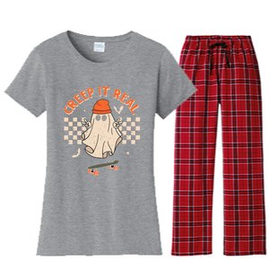 Creep It Real Skateboarding Ghost Retro Halloween Costume Women's Flannel Pajama Set