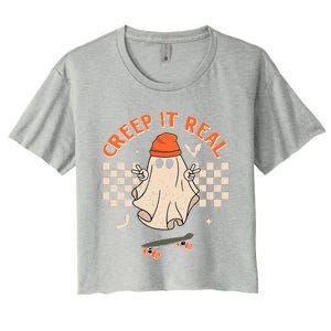 Creep It Real Skateboarding Ghost Retro Halloween Costume Women's Crop Top Tee