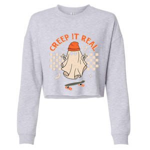 Creep It Real Skateboarding Ghost Retro Halloween Costume Cropped Pullover Crew