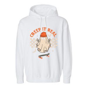 Creep It Real Skateboarding Ghost Retro Halloween Costume Garment-Dyed Fleece Hoodie